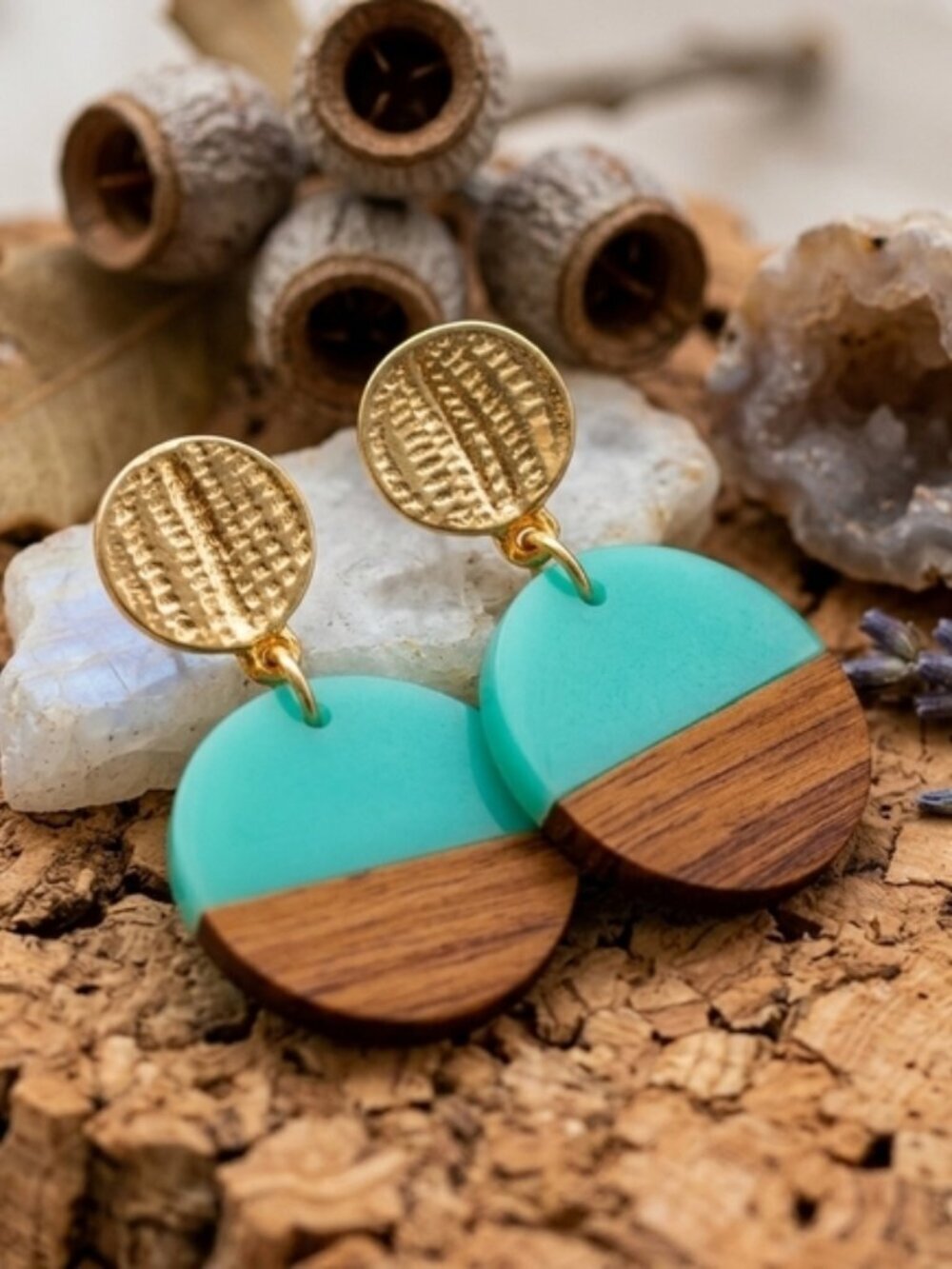 Turquoise Resin and Wood Drop Earrings Bohemian Naturecore Gold Tone Stud 2in